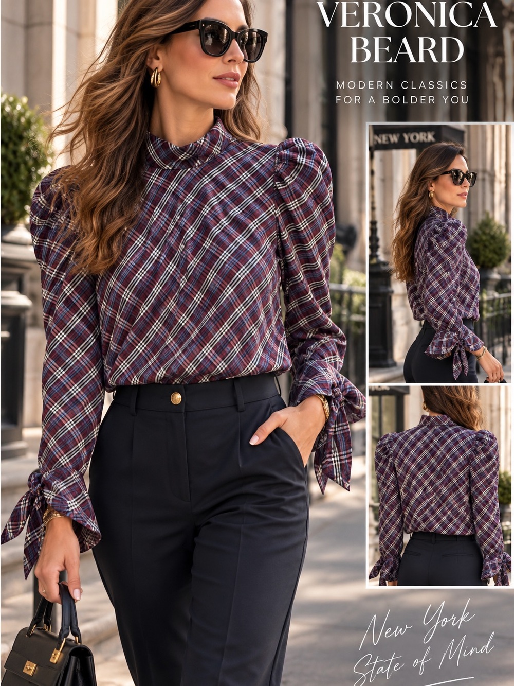 Veronica Beard Plaid Tie Sleeve Puff Shoulder Button Front Blouse Size 6